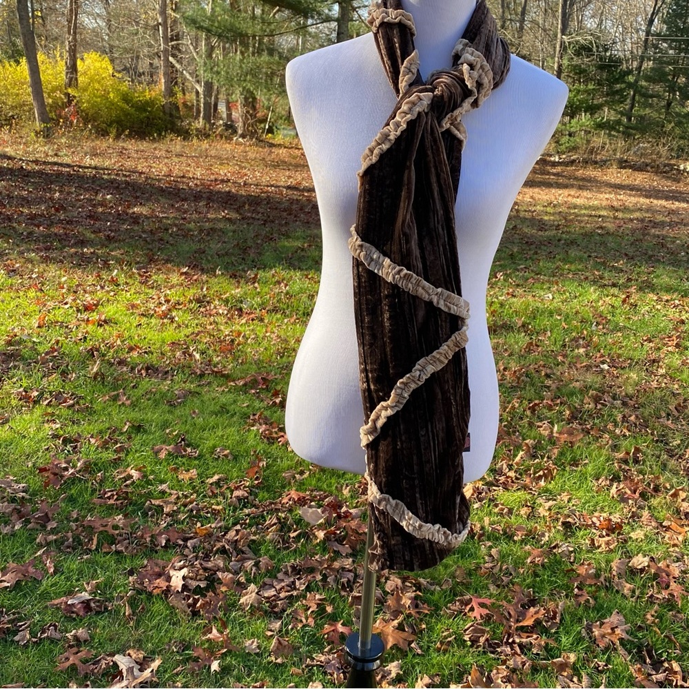 SCARF BROWN TAN CRINKLE VELVET LONG RECTANGLE BOHEMIAN ACCESSORY - Picture 5 of 8
